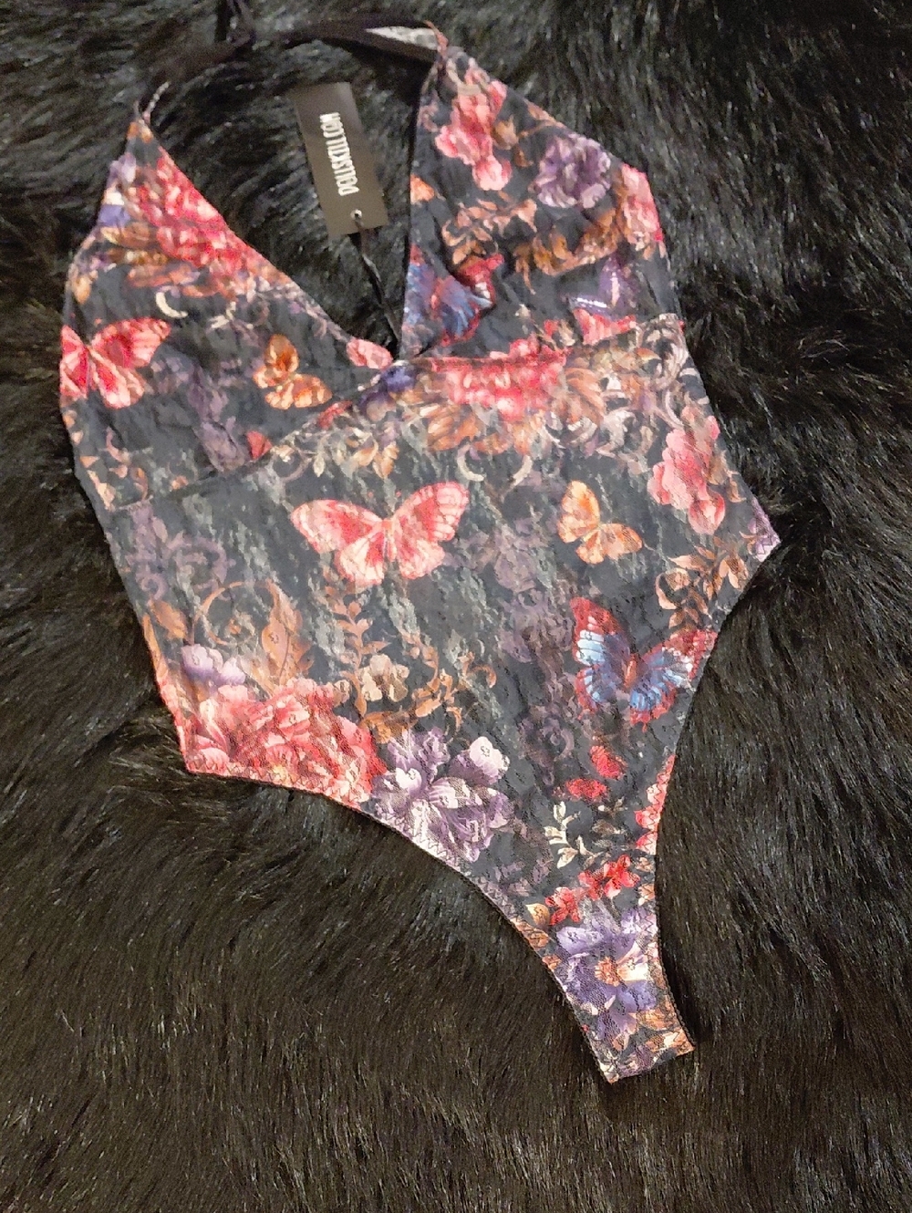 DOLLSKILL CURRENT MOOD Black Floral & Butterfly One-Piece Bodysuit HIGH CUT